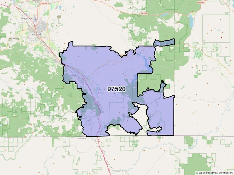 Map of Ashland, Oregon and ZIP codes