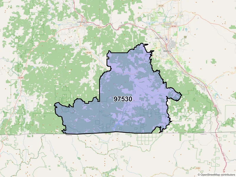 Map of Jacksonville, Oregon and ZIP codes