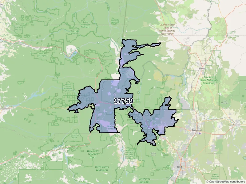 Map of Sisters, Oregon and ZIP codes