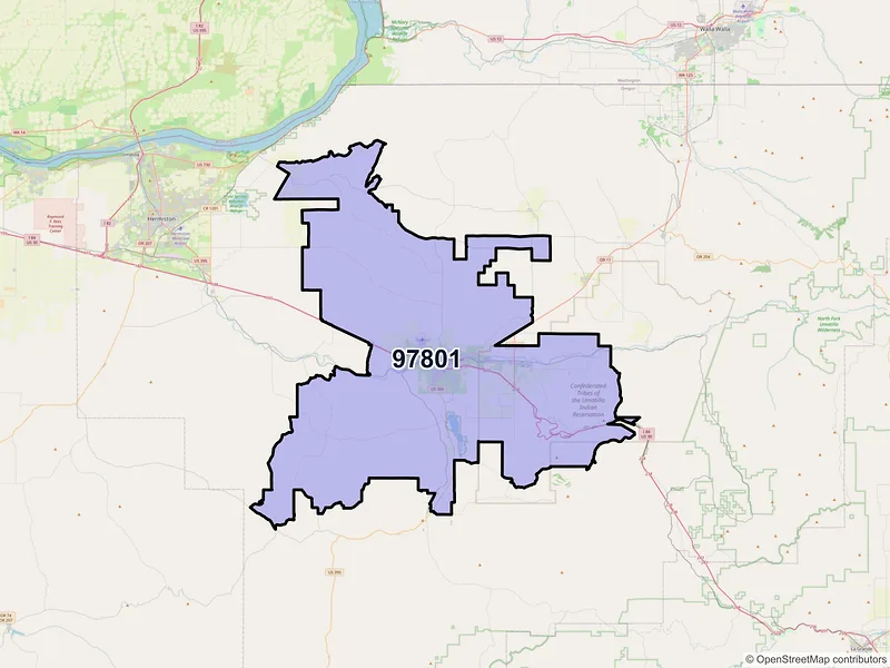 Map of Pendleton, Oregon and ZIP codes