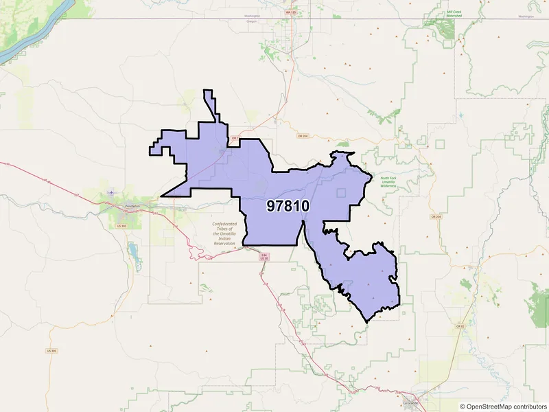 Map of Adams, Oregon and ZIP codes