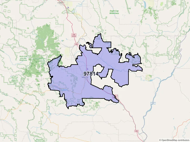 Map of Baker City, Oregon and ZIP codes