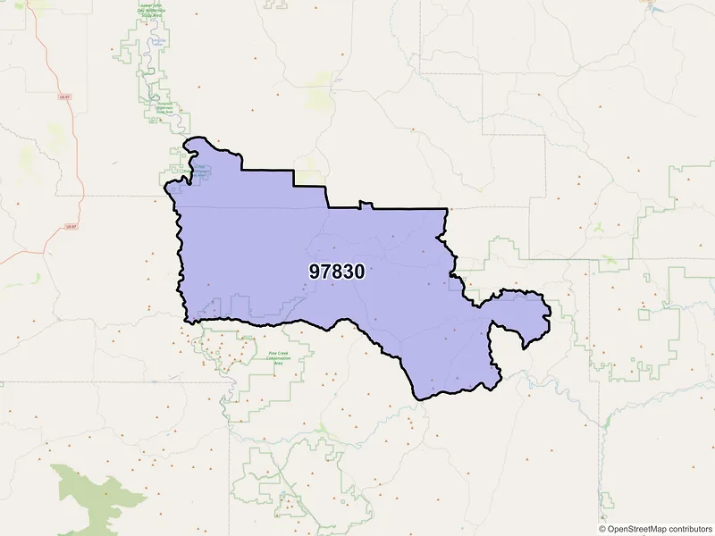 Map of Fossil, Oregon and ZIP codes