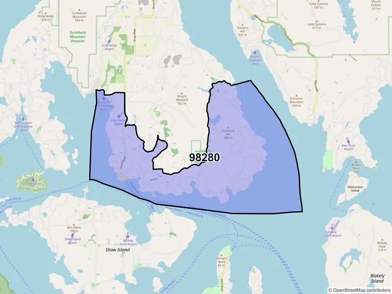 Map of Orcas, Washington and ZIP codes