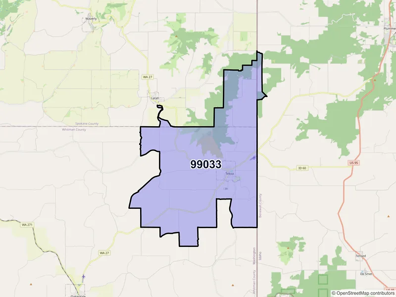 Map of ZIP Code 99033 — Tekoa, WA