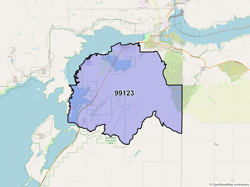 Map of Electric City, Washington and ZIP codes