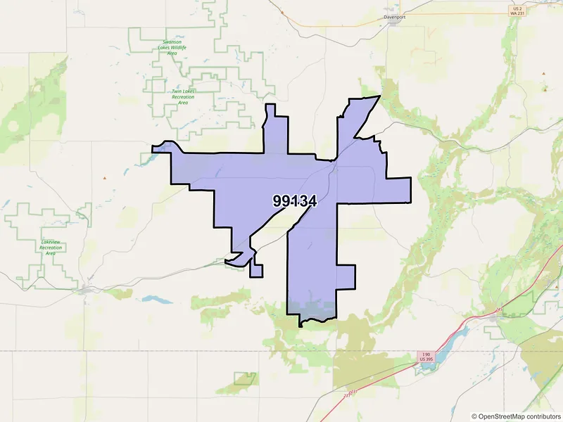 Map of Harrington, Washington and ZIP codes
