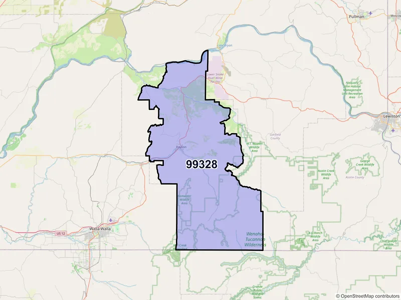 Map of Dayton, Washington and ZIP codes