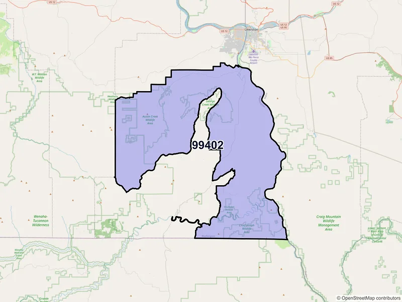 Map of Asotin, Washington and ZIP codes