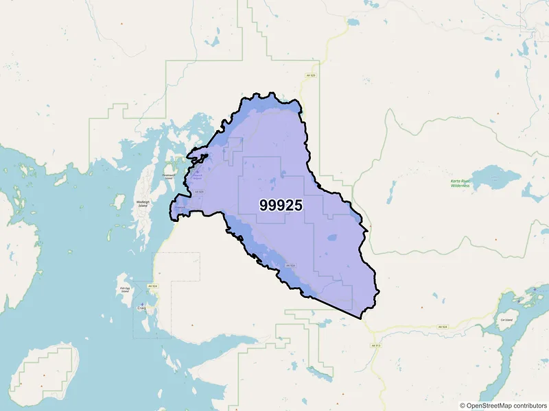 Map of Klawock, Alaska and ZIP codes